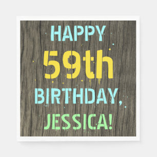 Faux Wood, Painted Text Look, 59th Birthday + Name Napkin