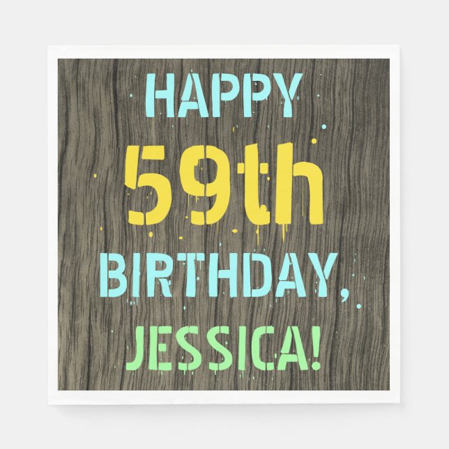 Faux Wood, Painted Text Look, 59th Birthday + Name Napkin (Front)