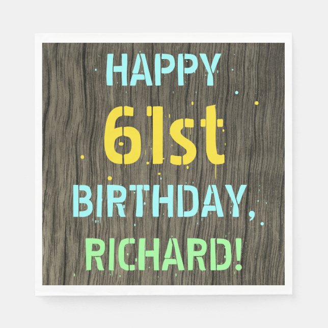 Faux Wood, Painted Text Look, 61st Birthday + Name Napkin (Front)