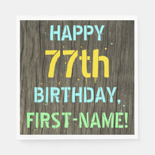 Faux Wood, Painted Text Look, 77th Birthday + Name Napkin