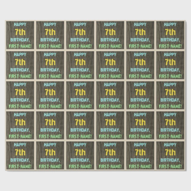 Faux Wood, Painted Text Look, 7th Birthday + Name Wrapping Paper (Flat)