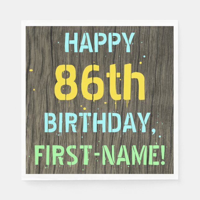 Faux Wood, Painted Text Look, 86th Birthday + Name Napkin (Front)