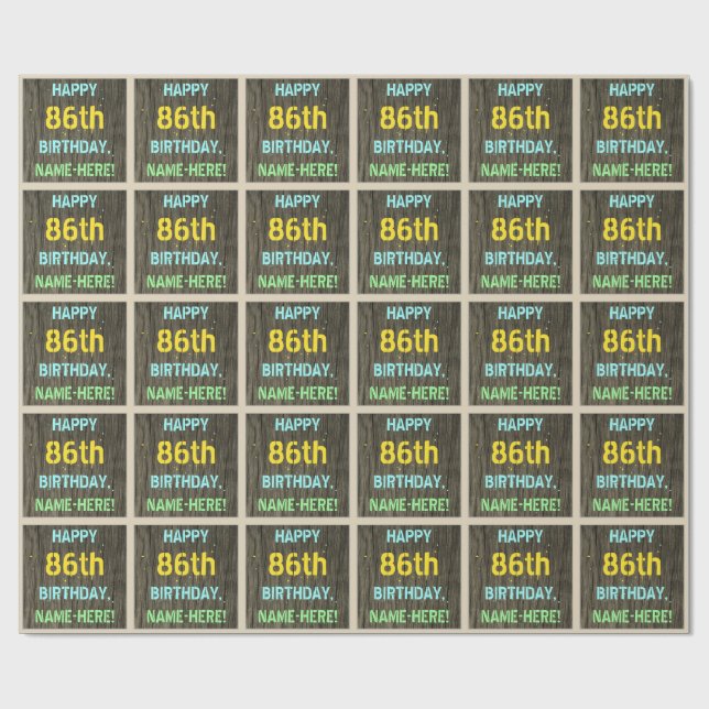 Faux Wood, Painted Text Look, 86th Birthday + Name Wrapping Paper (Flat)
