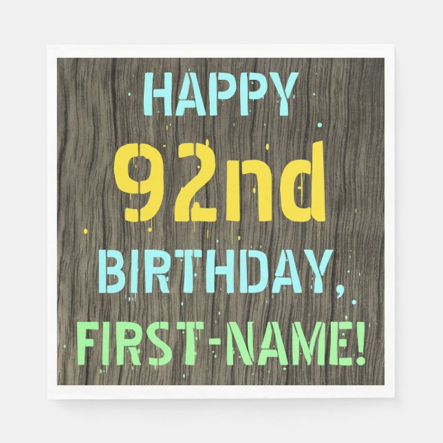 Faux Wood, Painted Text Look, 92nd Birthday + Name Napkin (Front)
