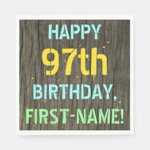 Faux Wood, Painted Text Look, 97th Birthday + Name Napkin