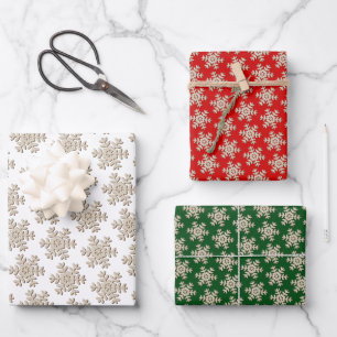 Faux Wood Snowflake Pattern On White Red Green Wrapping Paper Sheet