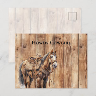 Faux Wood Western Cowboy Cowgirl Horse  Howdy Postcard