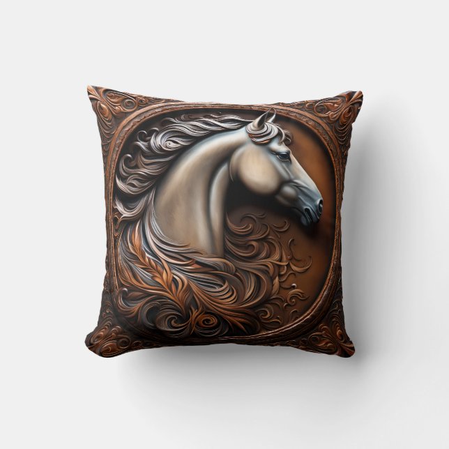 Faux Wooden Carved Horse Throw Pillow (Front)