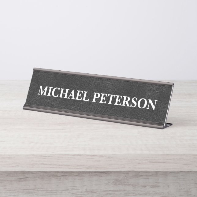 Faux Worn Black Leather Personalized Desk Name Plate (Front)