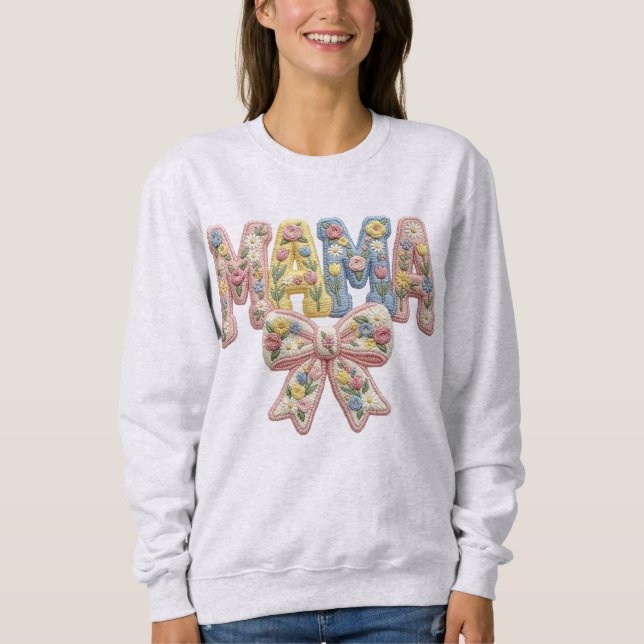 Faux Yarn & Embroidery MAMA with Bow Sweatshirt (Front)