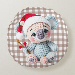 Faux Yarn Notch-Hook Koala Christmas Design Round Pillow