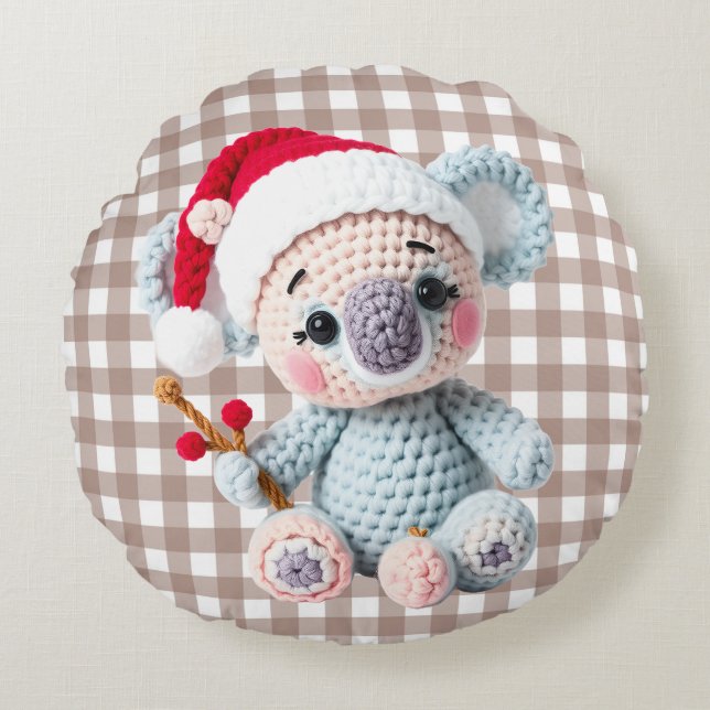 Faux Yarn Notch-Hook Koala Christmas Design Round Pillow (Front)