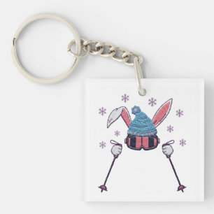 Faux yarn skiing rabbit winter humor keychain