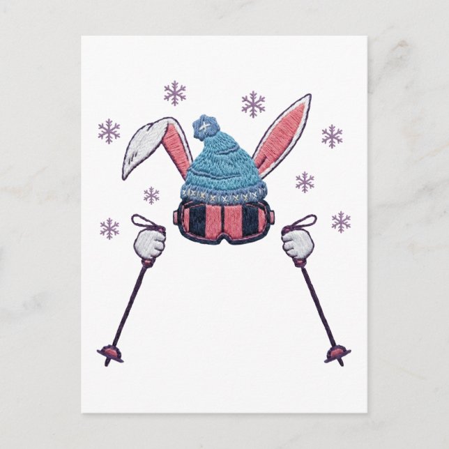 Faux yarn skiing rabbit winter humor postcard (Front)