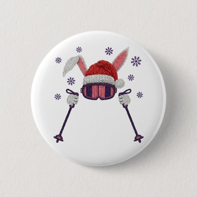 Faux yarn skiing rabbit with Santa hat winter humo 2 Inch Round Button (Front)