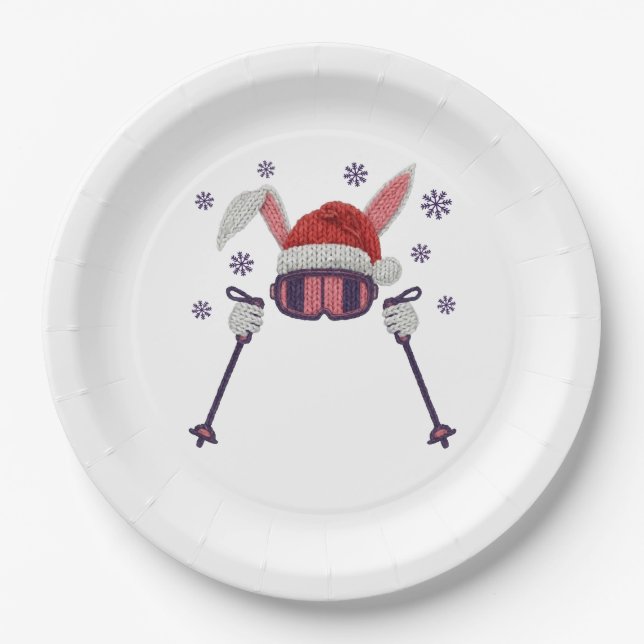 Faux yarn skiing rabbit with Santa hat winter humo Paper Plate (Front)