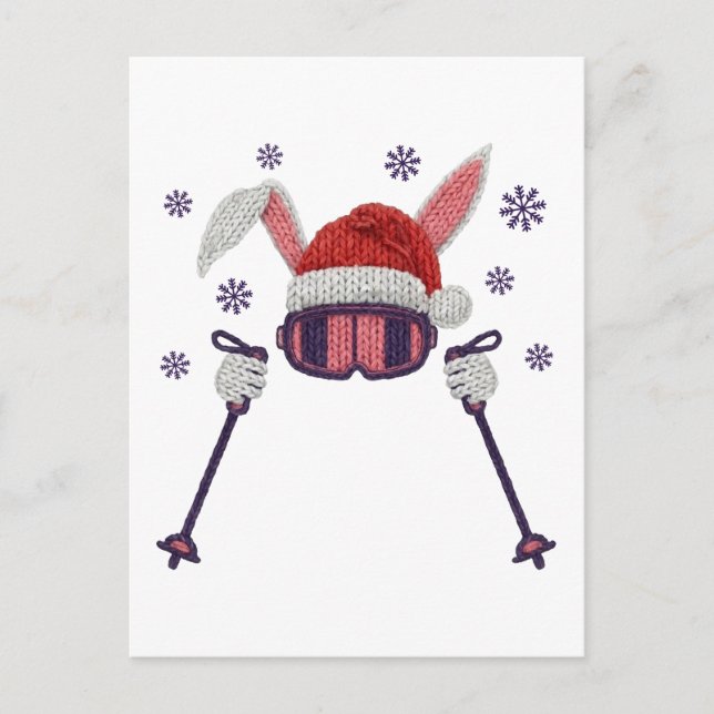 Faux yarn skiing rabbit with Santa hat winter humo Postcard (Front)