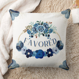 FAVORED Elegant Blue Gold Floral Wreath Throw Pillow
