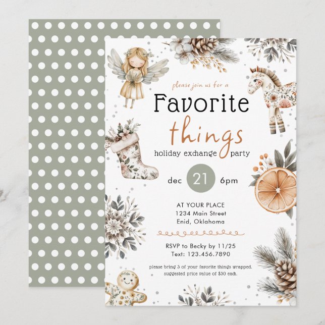 Favorite Things Boho Gift Exchange Holiday Party Invitation (Front/Back)