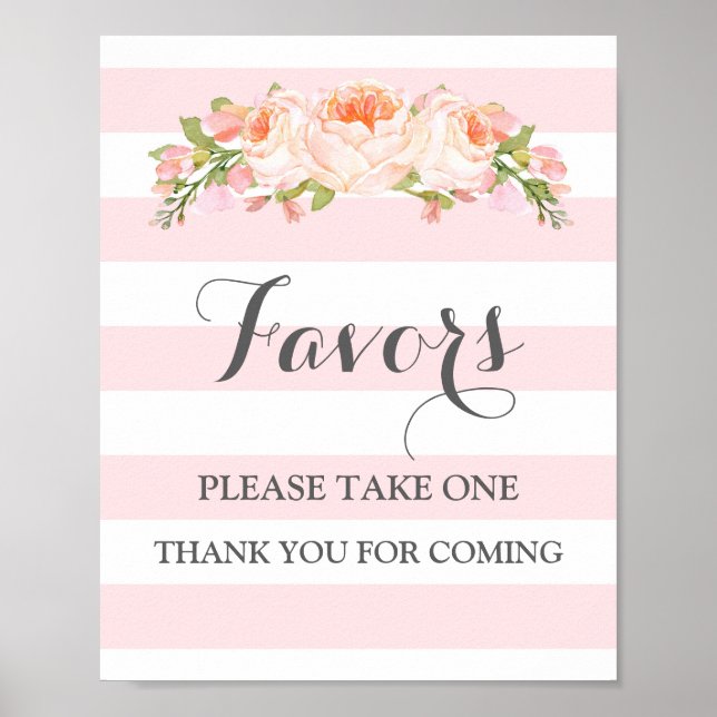 Favors Baby Shower Sign Pink Flowers Stripes (Front)