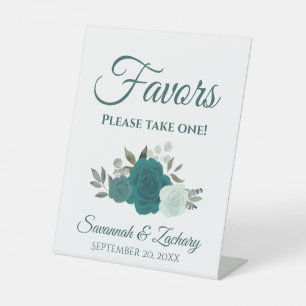 Favors Take One Teal Aqua Turquoise Roses Wedding Pedestal Sign