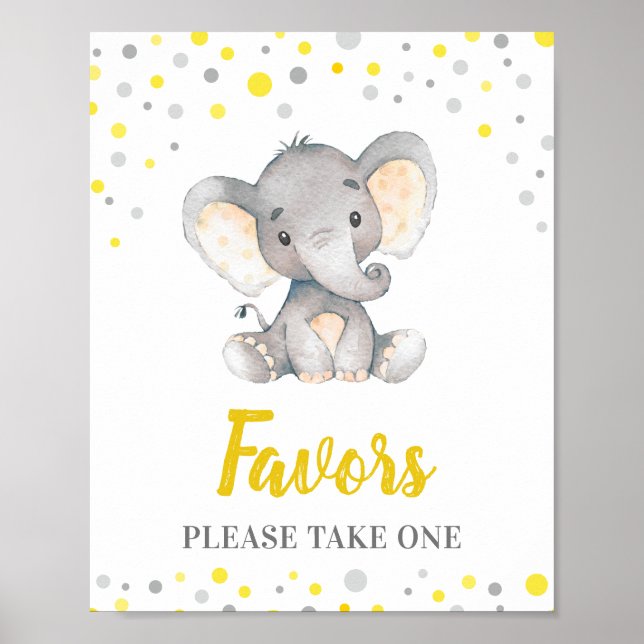 Favors Take One Yellow Dots Elephant Baby Shower Poster (Front)