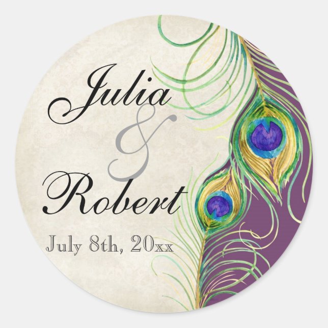 Favour Gift Sticker - Peacock Feathers Wedding Sea (Front)