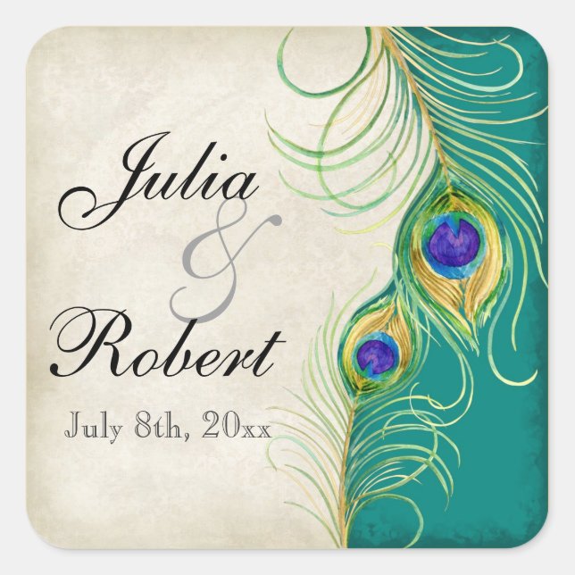 Favour Gift Sticker - Peacock Feathers Wedding Sea (Front)