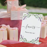Favour party lavender violet floral eucalyptus pedestal sign<br><div class="desc">White elegant background,  decorated with lavender florals,  flowers and eucalyptus greenery.  Text: Favours,  please take one.</div>