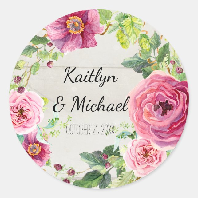 Favour Rose Peony Rustic Grey Wood Floral Wreath Classic Round Sticker (Front)