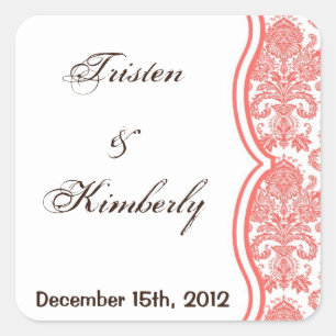 Favour Stickers Coral Pink White Damask Lace Print