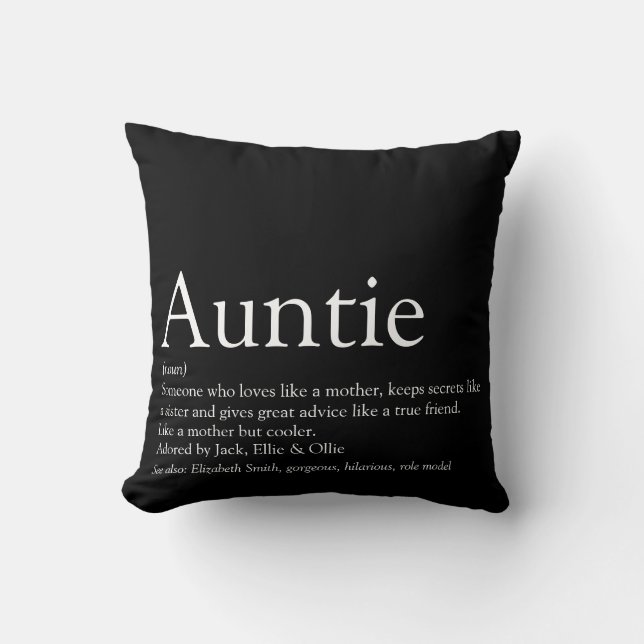 Favourite Aunt, Auntie Definition Black and White Throw Pillow (Front)