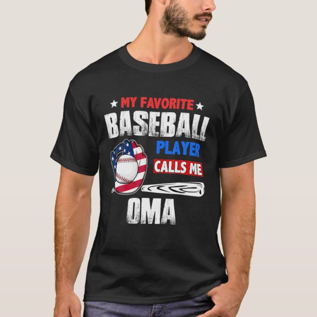 Favourite Baseball Player Calls Me Oma US Flag T-Shirt (Front)