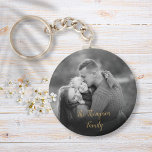 Favourite Family Black and White Photo Gold Script Keychain<br><div class="desc">Personalize with your favourite family photo featuring your family name,  creating a unique memory and gift. A lovely keepsake to treasure! Designed by Thisisnotme©</div>
