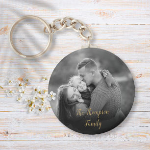 Favourite Family Black and White Photo Gold Script Keychain