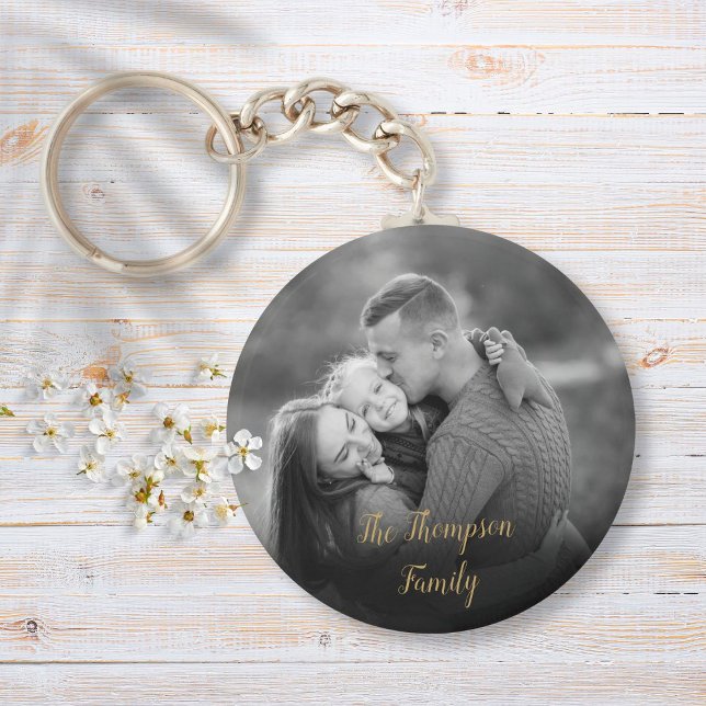 Favourite Family Black and White Photo Gold Script Keychain (Creator Uploaded)