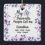 Favourite People Call Me Grandma | Grandkids Name Ceramic Ornament<br><div class="desc">What a delightful and personalized gift! This Ceramic Ornament features a beautiful purple floral design, accompanied by the grandkids' names. The Ceramic Ornament is perfect for Grandma to wear while cooking up a storm in the kitchen, and the personalized touch will make her feel loved and cherished. making it a...</div>