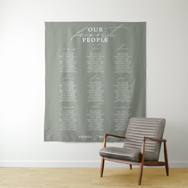 Favourite People Green Sage Wedding Seating Chart Tapestry (In Situ)
