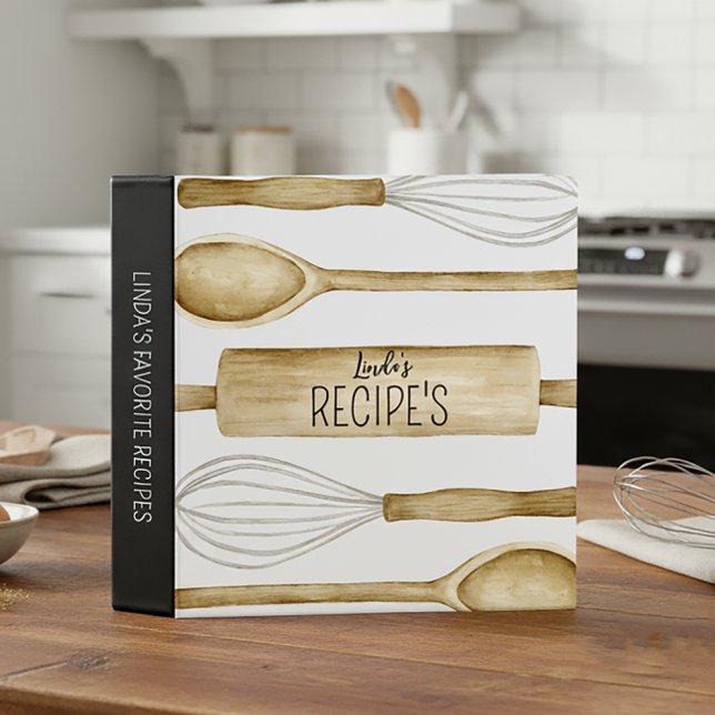 Favourite Recipe Watercolor Kitchen Utensils Black Binder (Creator Uploaded)