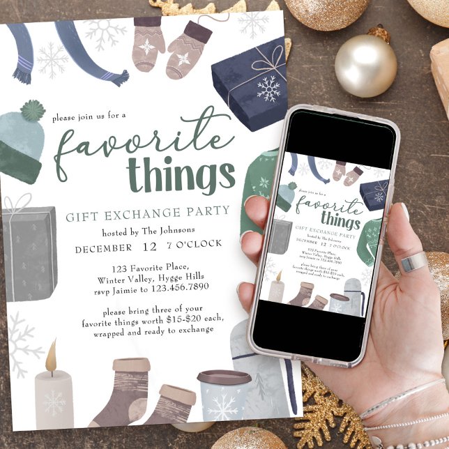 Favourite Things Cozy Winter Gift Exchange Party Invitation (Favorite Things Holiday Gift Exchange Party Invitation)