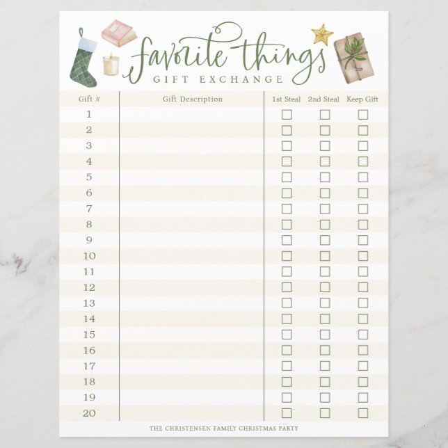 Favourite Things Gift Exchange Tracker #1-20 (Front)