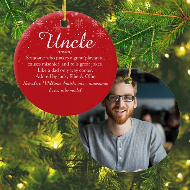 Favourite Uncle Definition Photo Snowflakes Script Ceramic Ornament (Favorite Uncle Definition Photo Snowflakes Script Ceramic Ornament)
