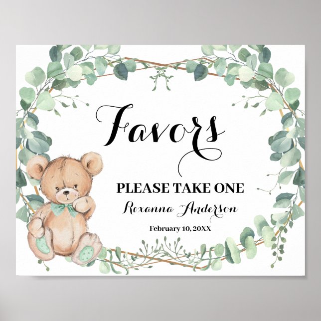 Favours Baby Shower Bear Greenery Gold Sign (Front)