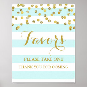 Favours Baby Shower Sign Blue Stripe Gold Confetti