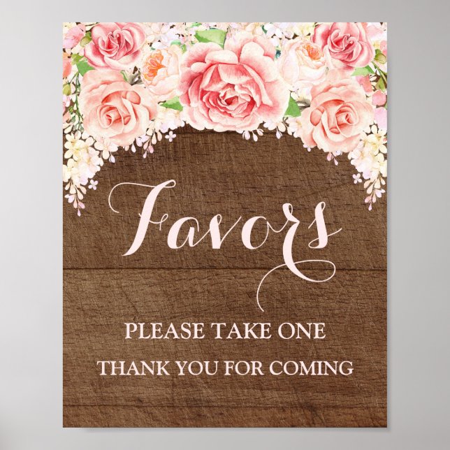 Favours Baby Shower Sign Pink Watercolor Wood (Front)