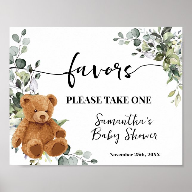 Favours Bear Greenery Eucalyptus Baby Shower Sign (Front)
