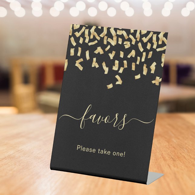 Favours black gold confetti pedestal sign (Creator Uploaded)