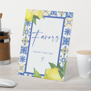 Favours Blue Tiles Lemons Bridal Shower Pedestal Sign