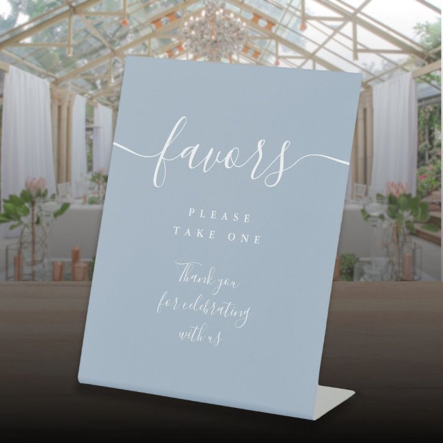 Favours Dusty Blue Modern Script Table Pedestal Sign (Favors Dusty Blue Modern Script Table Pedestal Sign)