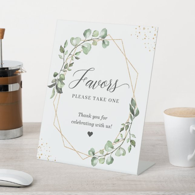 Favours Please Take One Eucalyptus Gold Geometric Pedestal Sign (In SItu)